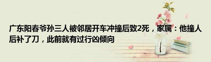 广东阳春爷孙三人被邻居开车冲撞后致2死，家属：他撞人后补了刀，此前就有过行凶倾向